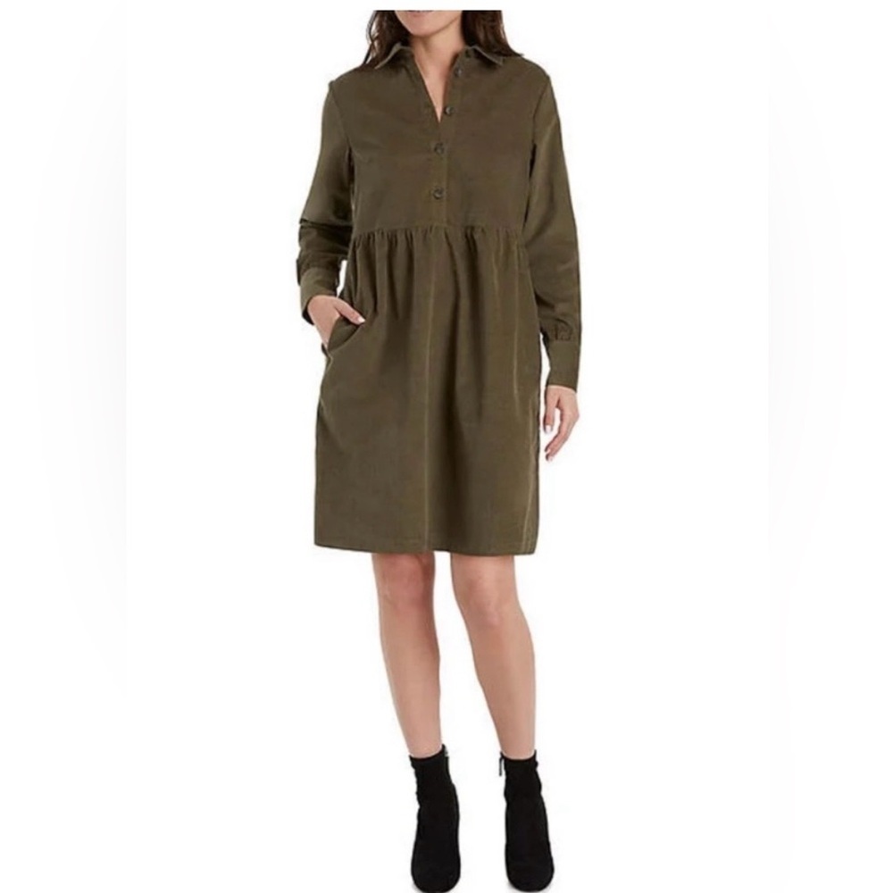 Nine West Suede Like Olive Green Long Sleeve Button Down Dress with Pockets XL